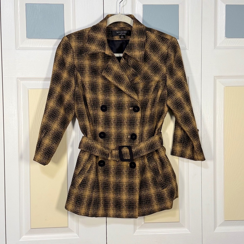 Signature by Larry Levine Brown Plaid Double Breasted Belted Jacket Size 8